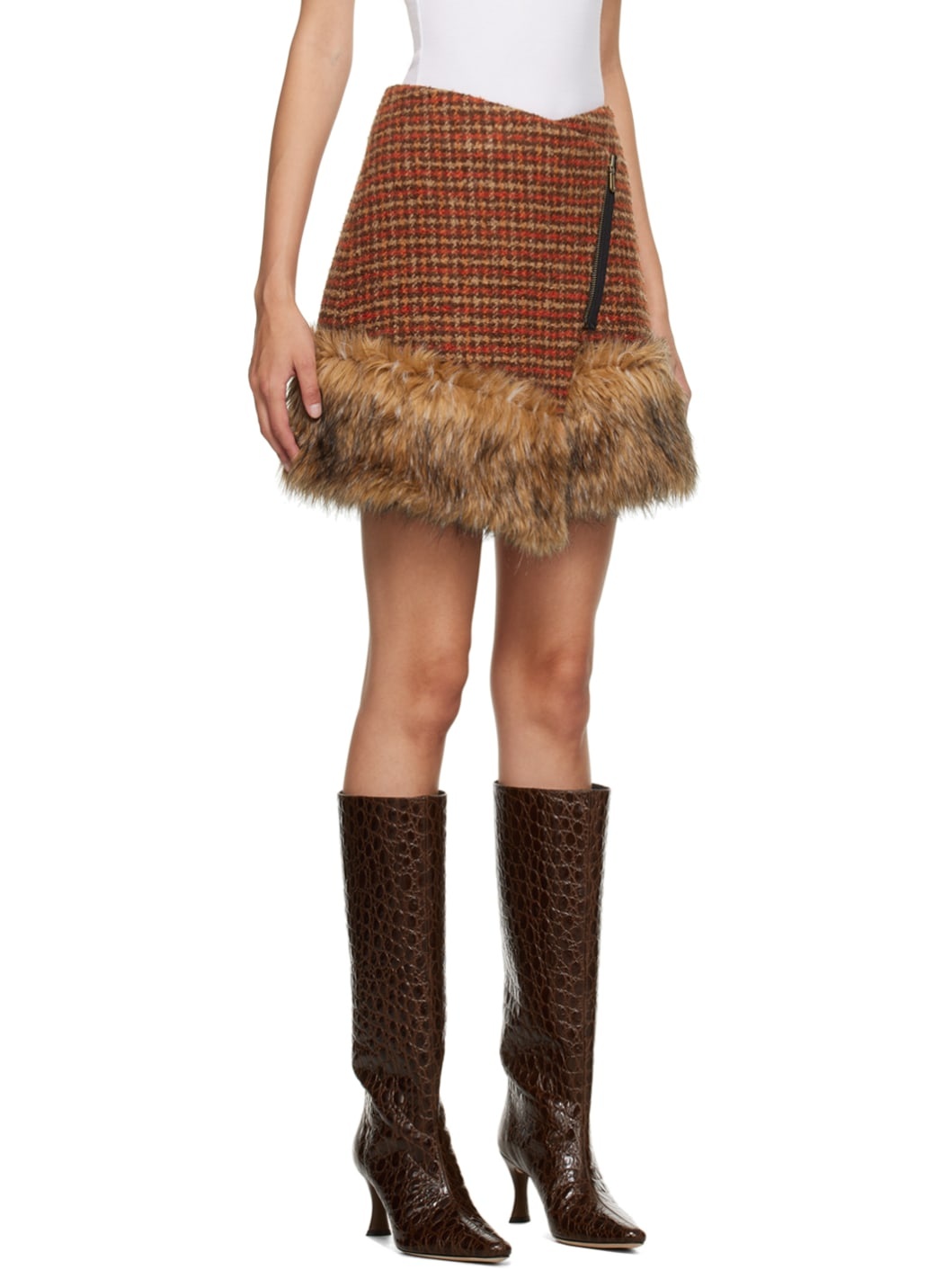 Orange & Brown Check Faux-Fur Miniskirt - 2