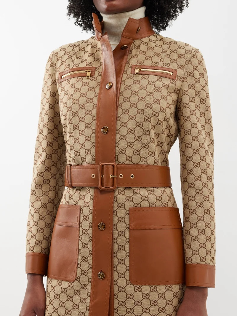 Camel GG-canvas leather-trim trench coat, Gucci