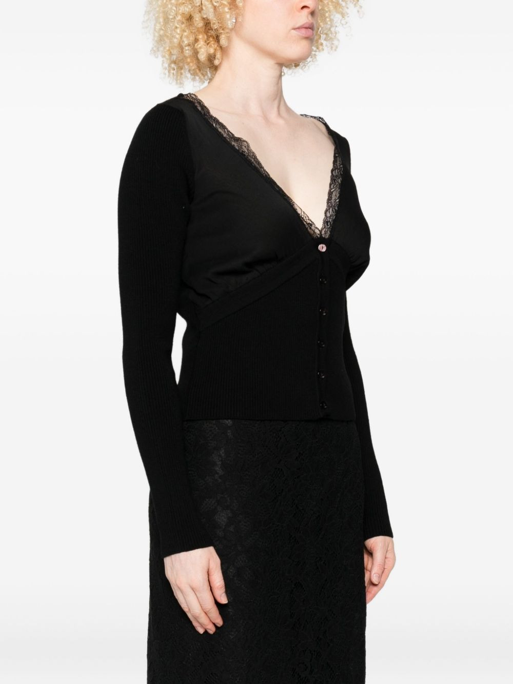 lace-trimmed ribbed cardigan - 3
