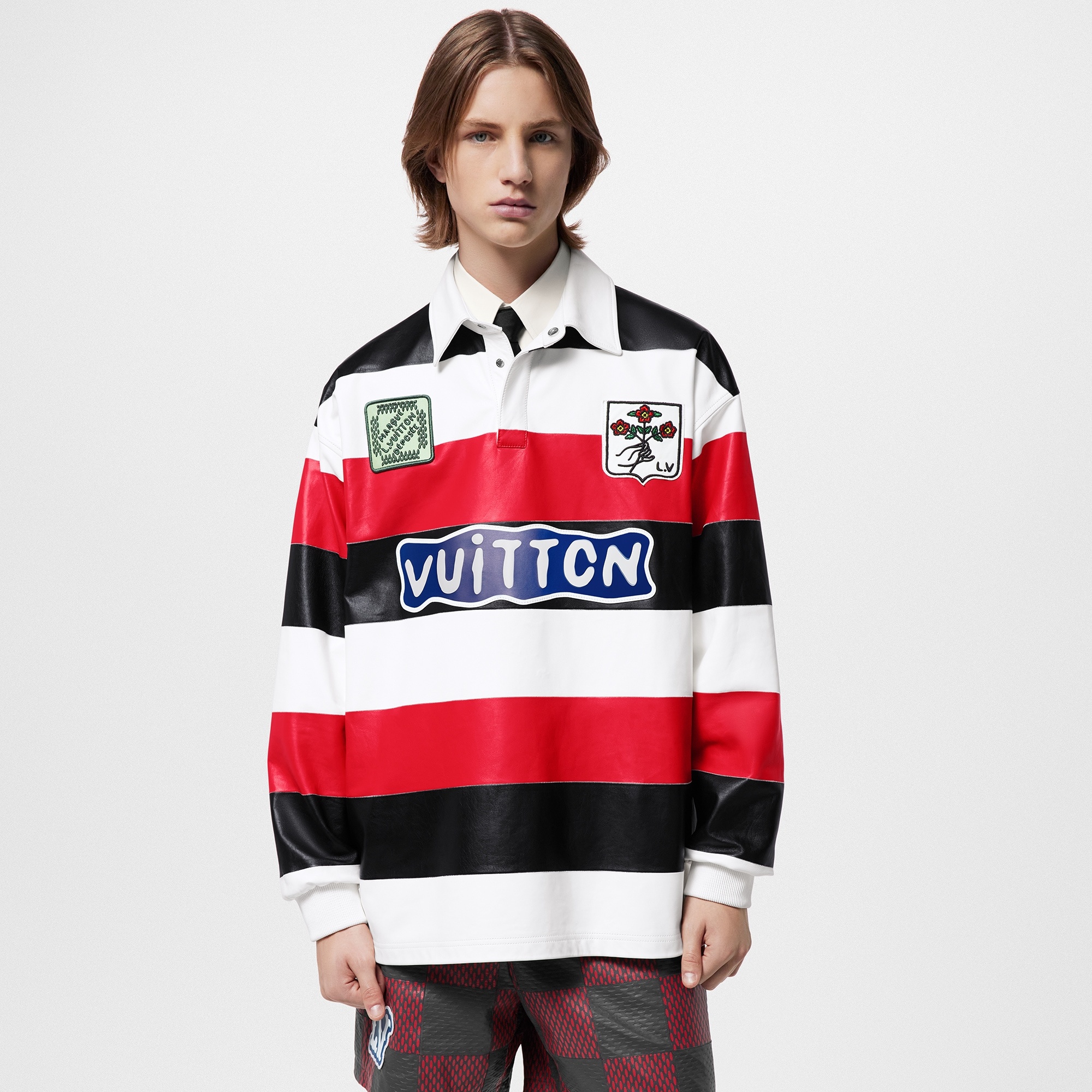 Long-Sleeved Leather Intarsia Rugby Polo - 2