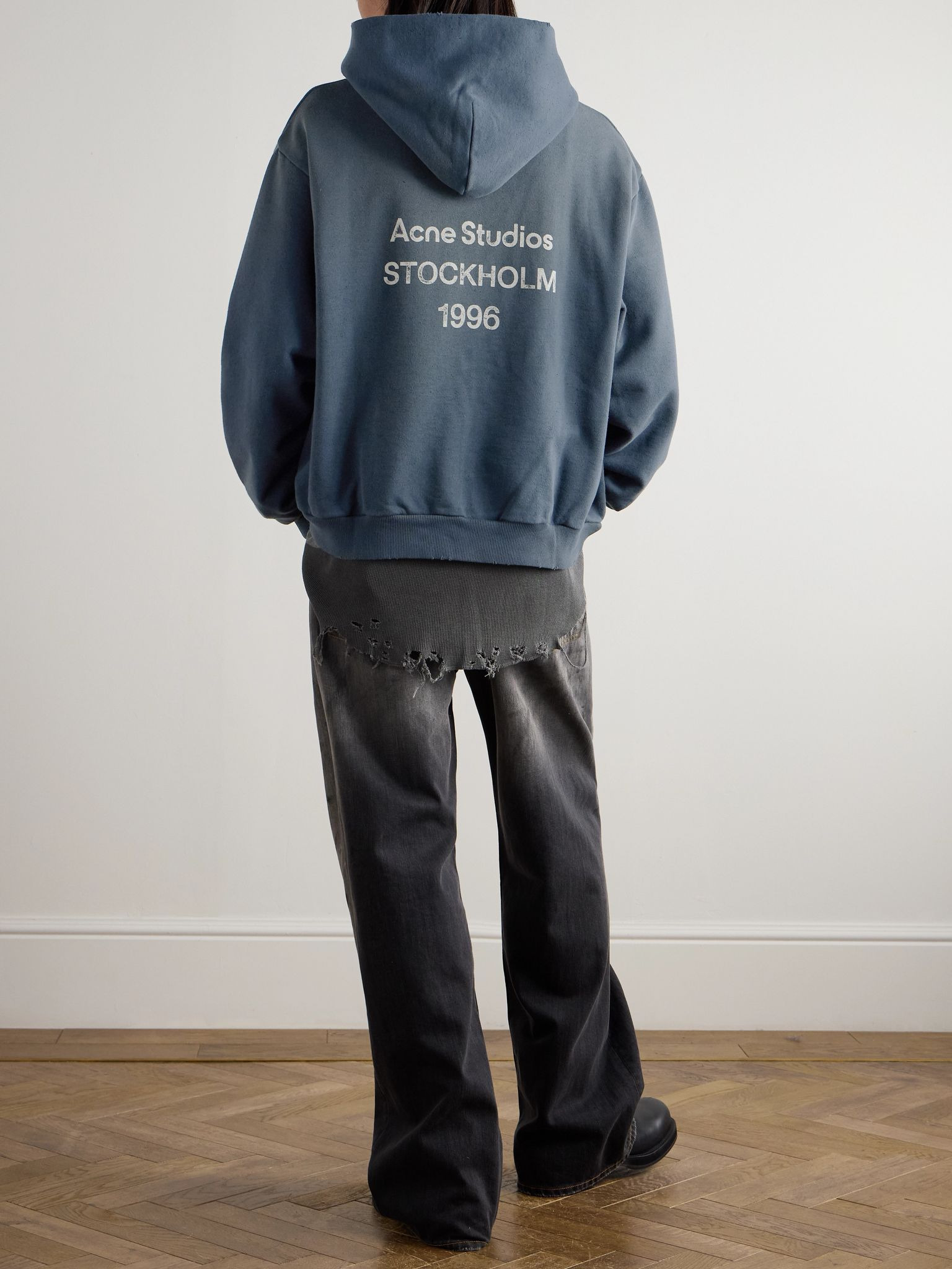 Franziska Garment-Dyed Distressed Logo-Print Cotton-Blend Jersey Hoodie Blue - 2