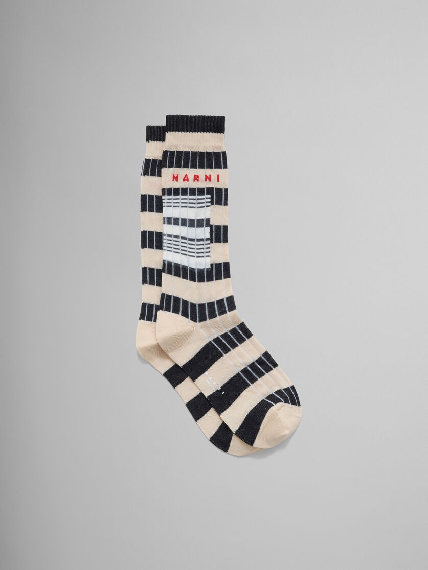 BEIGE RIBBED COTTON SOCKS WITH CONTRAST STRIPES - 1