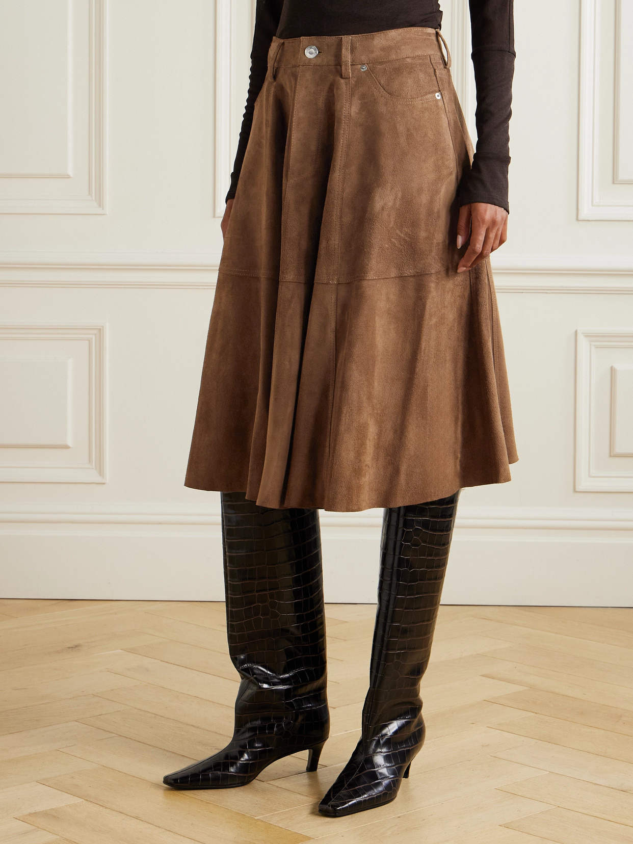 Paneled Suede Midi Skirt - 4