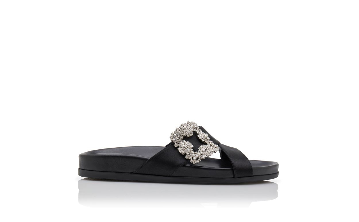 Black Satin Jewel Buckle Flat Mules - 1