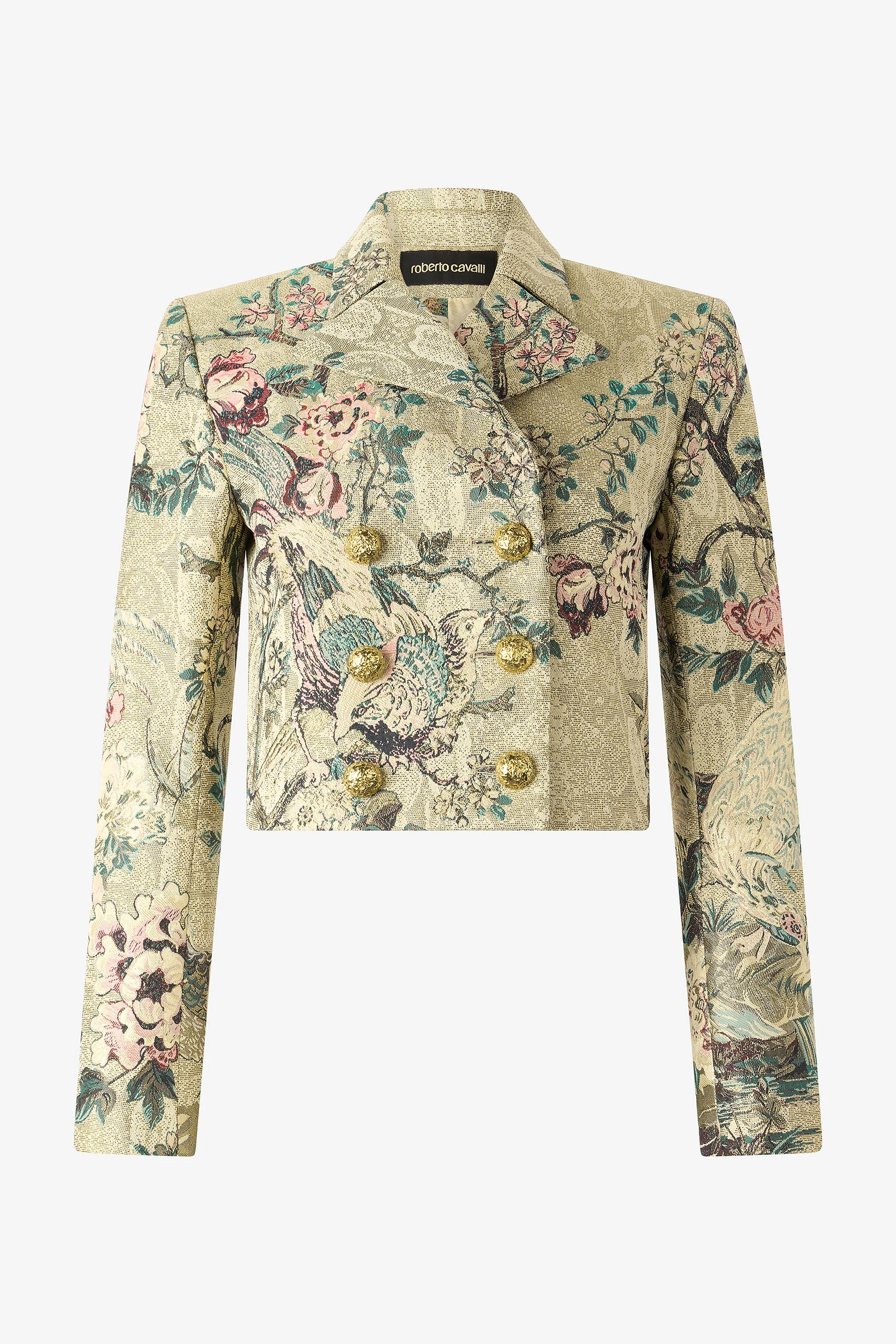 Cropped Jacket With Oriental Bird Print - 1
