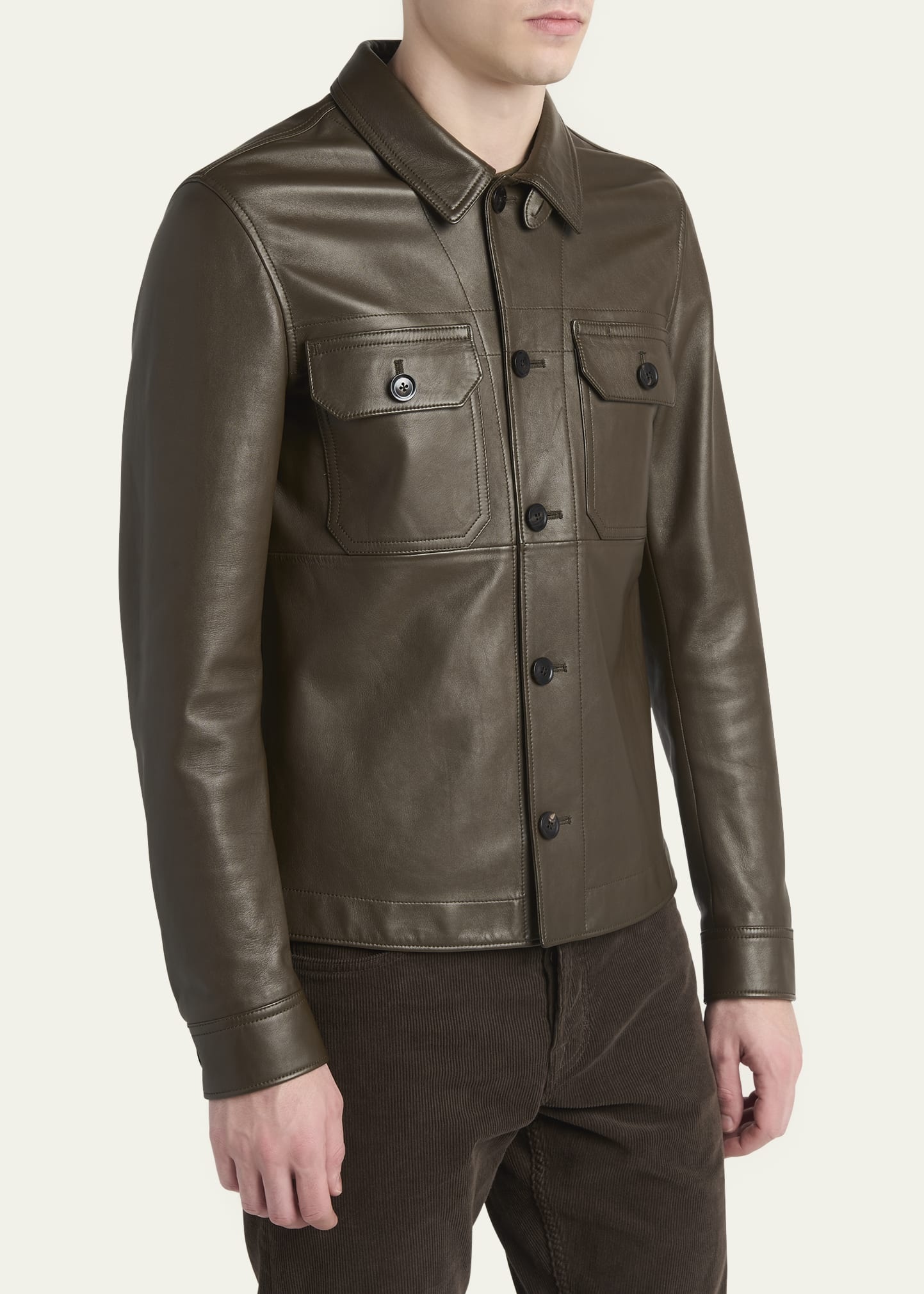 Men's Smooth Leather Double Pocket Overshirt - 4