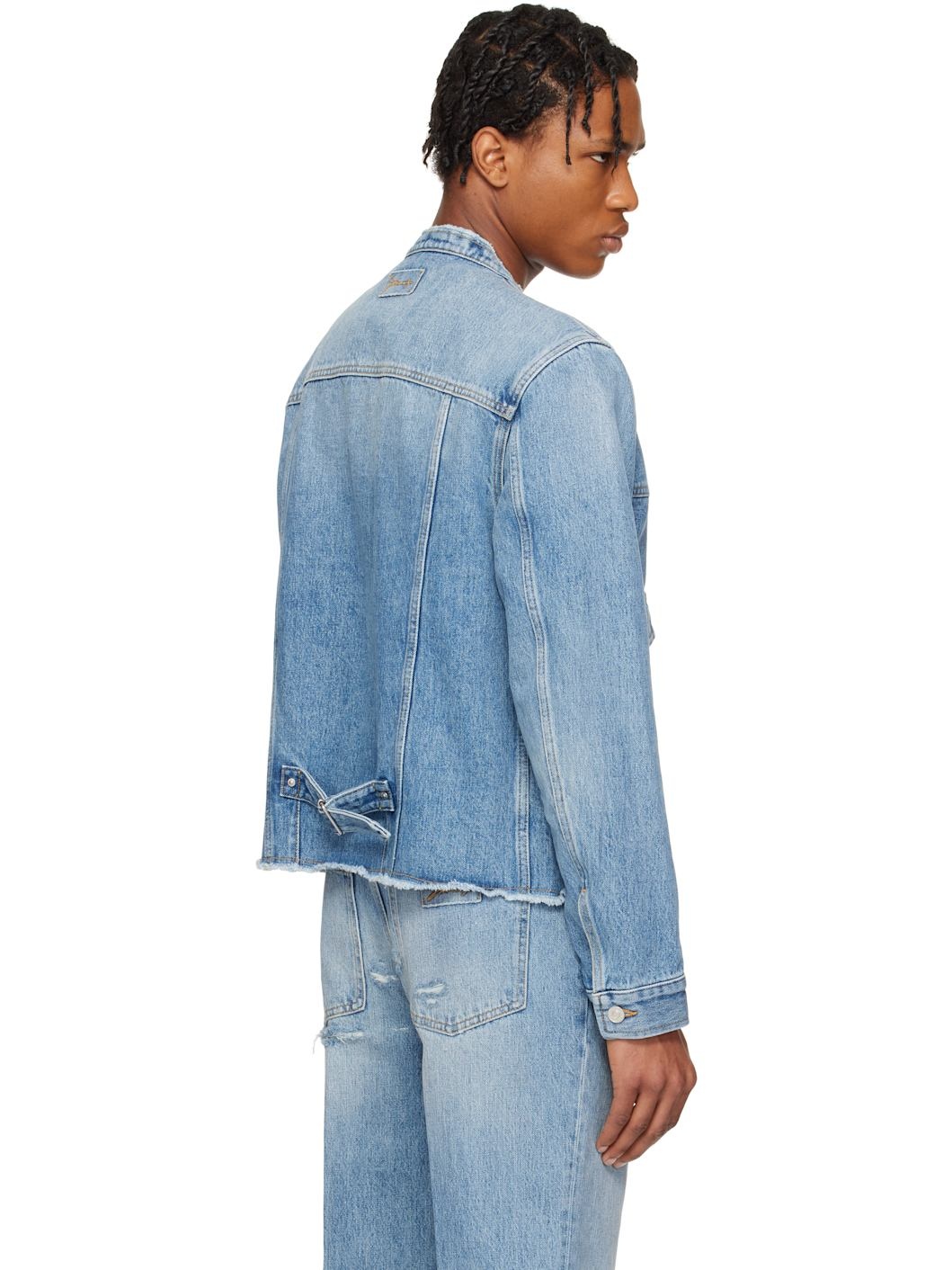 Blue Reworked Biker Denim Jacket - 3