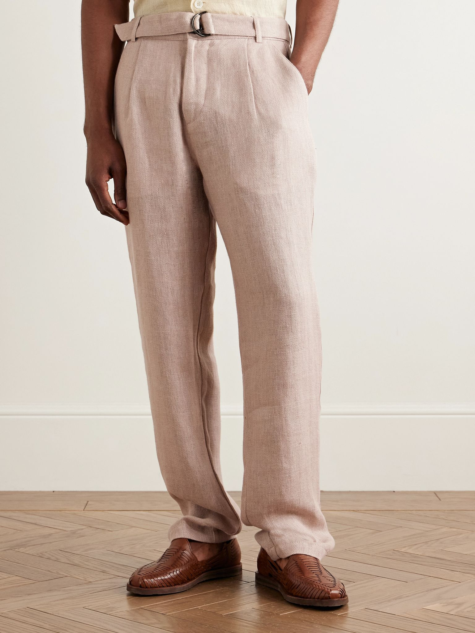 Southwell Tapered Belted Herringbone Linen Trousers Pink - 3