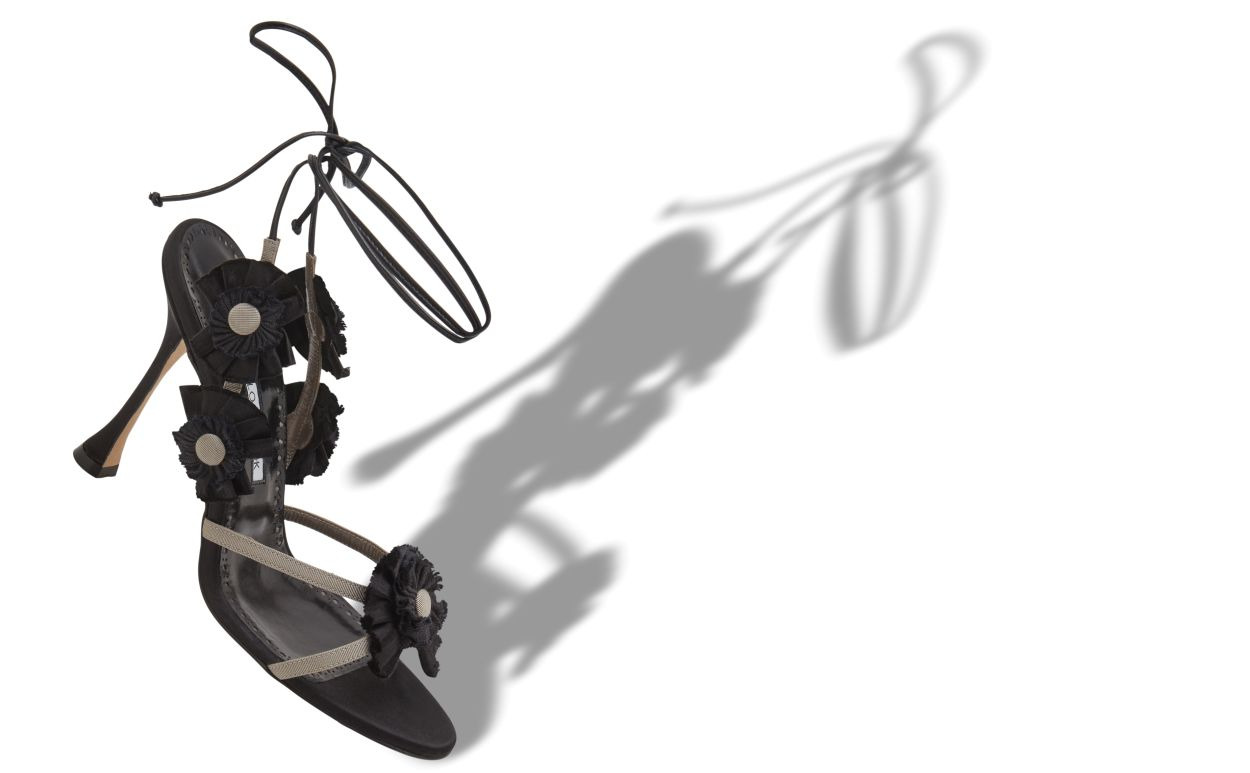 Black Silk Rosettes Detail Ankle Strap Sandals - 2