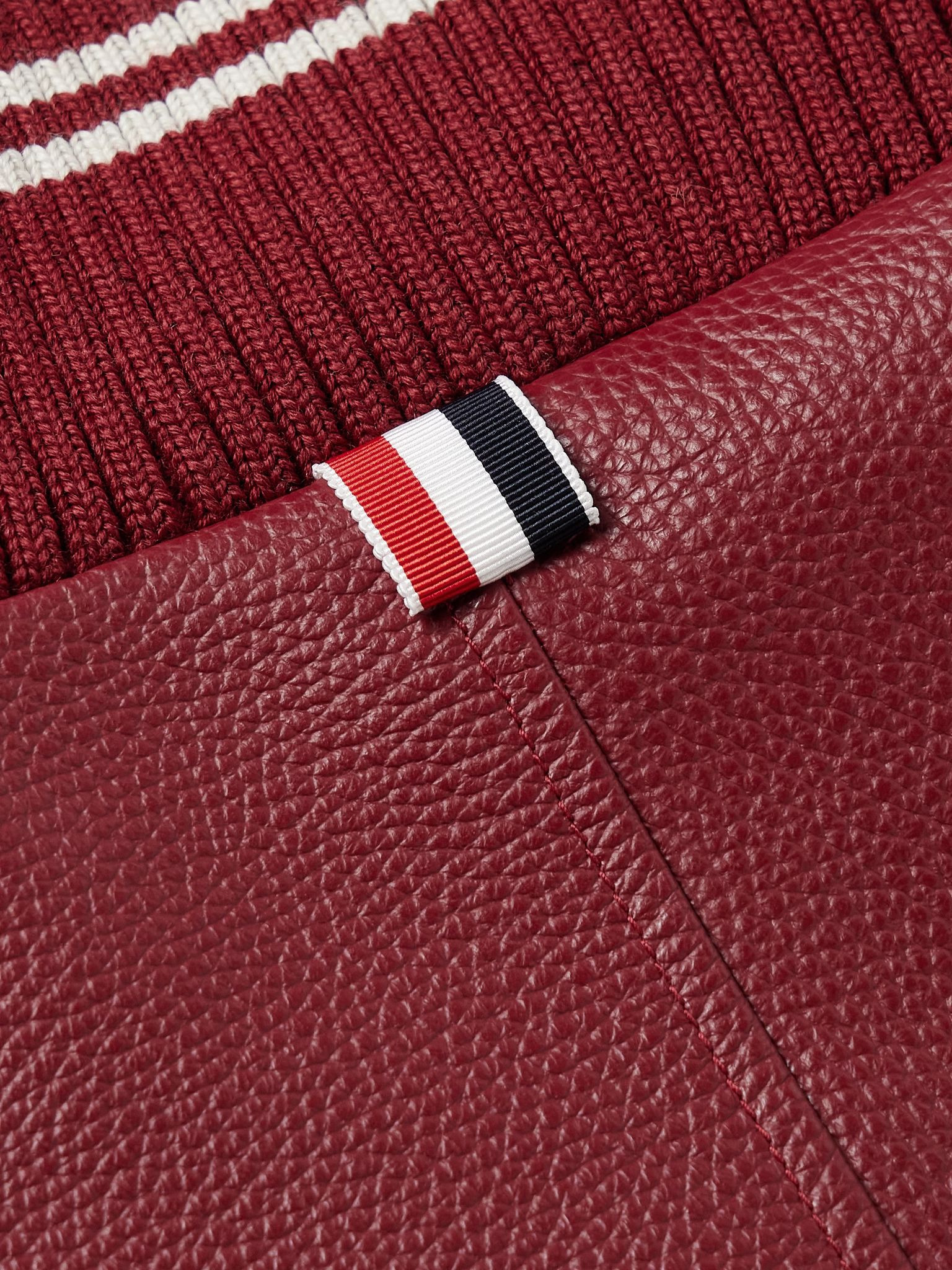 Striped Full-Grain Leather Bomber Jacket Burgundy - 4