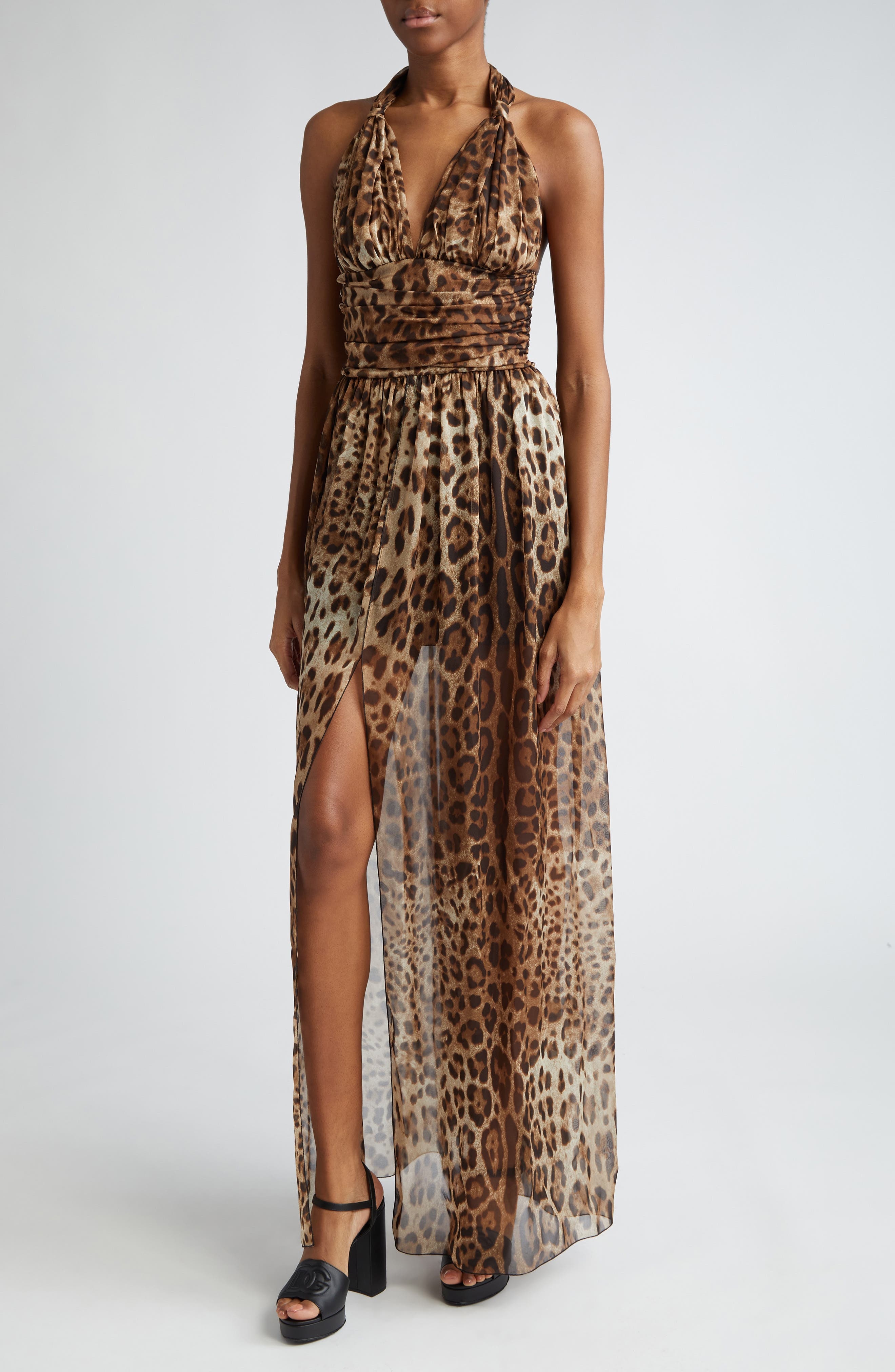 Leopard Print Silk Chiffon Halter Dress - 1
