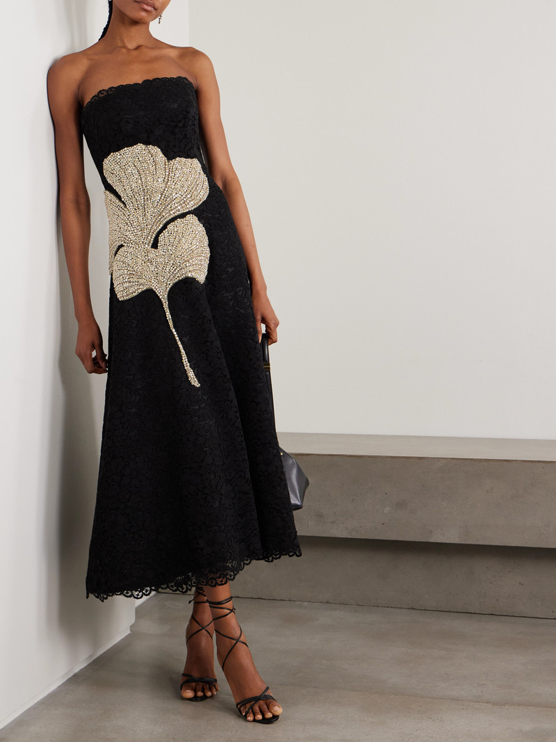 COSTARELLOS Hallis Strapless Crystal-embellished Corded Lace Midi Dress outlook