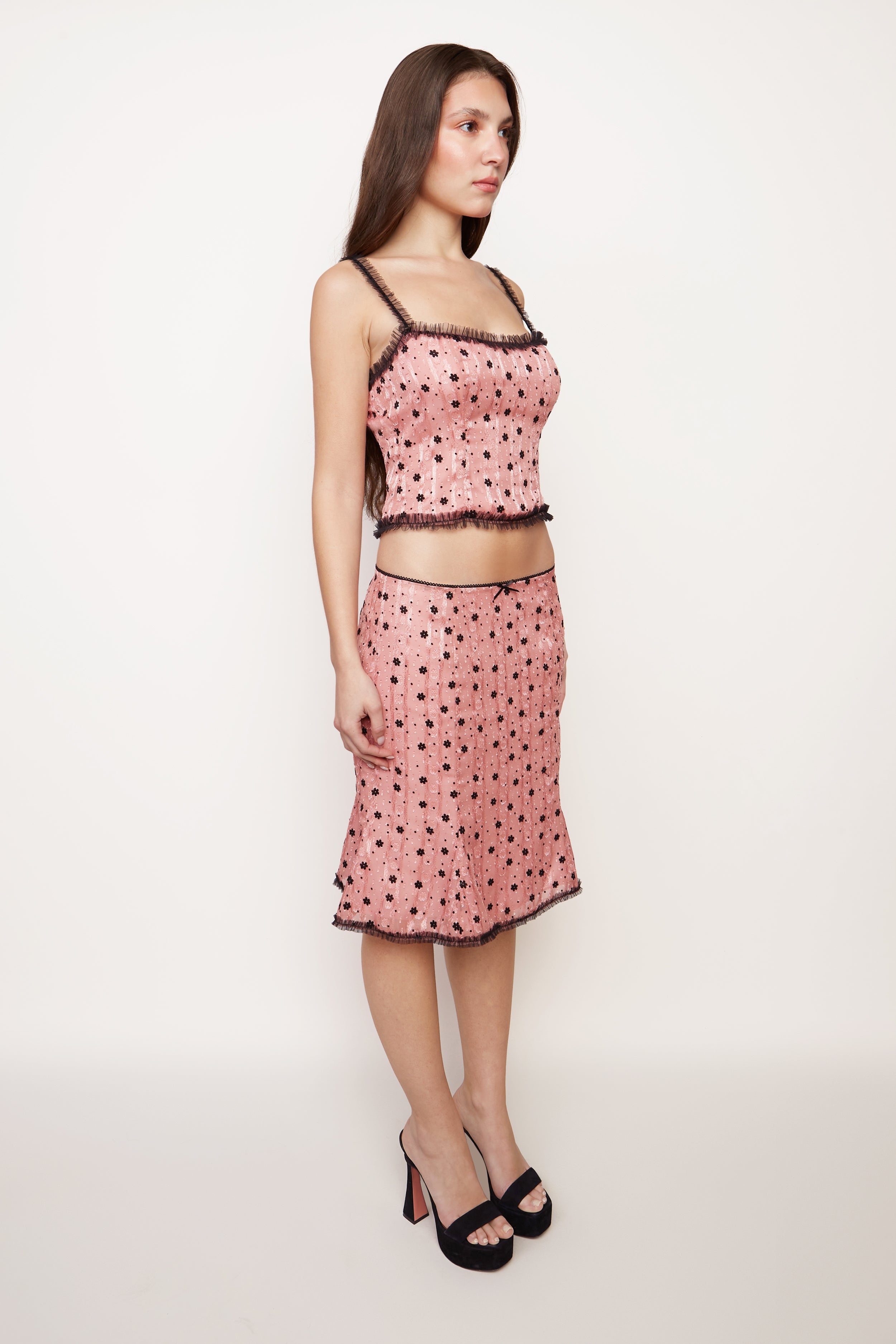 VELVET FLORAL LACE LOW RISE MIDI SKIRT - 4