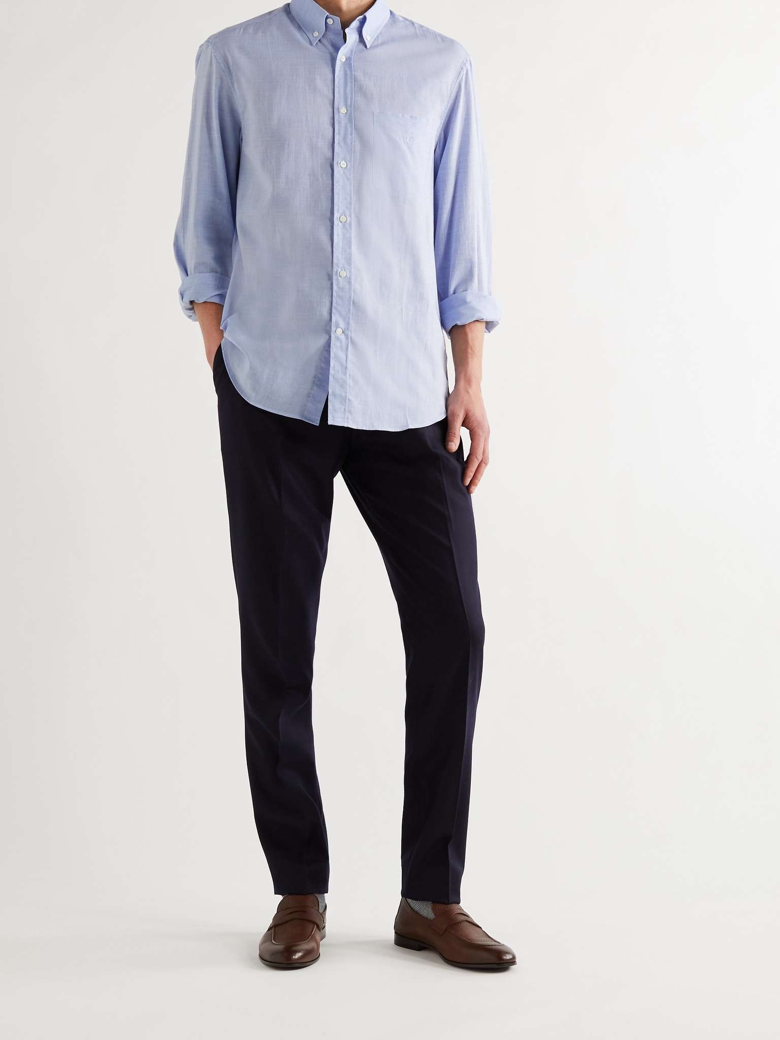 Button-Down Collar Herringbone Cotton Shirt - 2