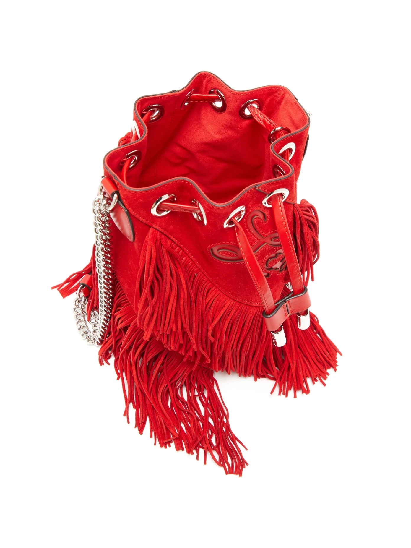 Marie-Jane laser-cut logo fringed suede bucket bag - 5