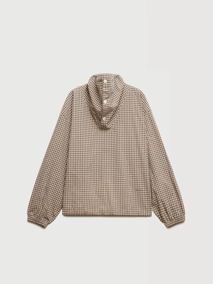 BROWN CHECKED POPLIN SHIRT WITH FUNNEL NECK - 1