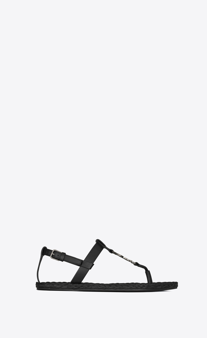 cassandra flat sandals in smooth leather with silver-tone monogram - 1