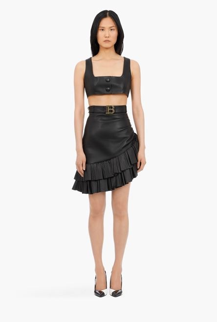 Short black leather asymmetrical high-waisted skirt - 4