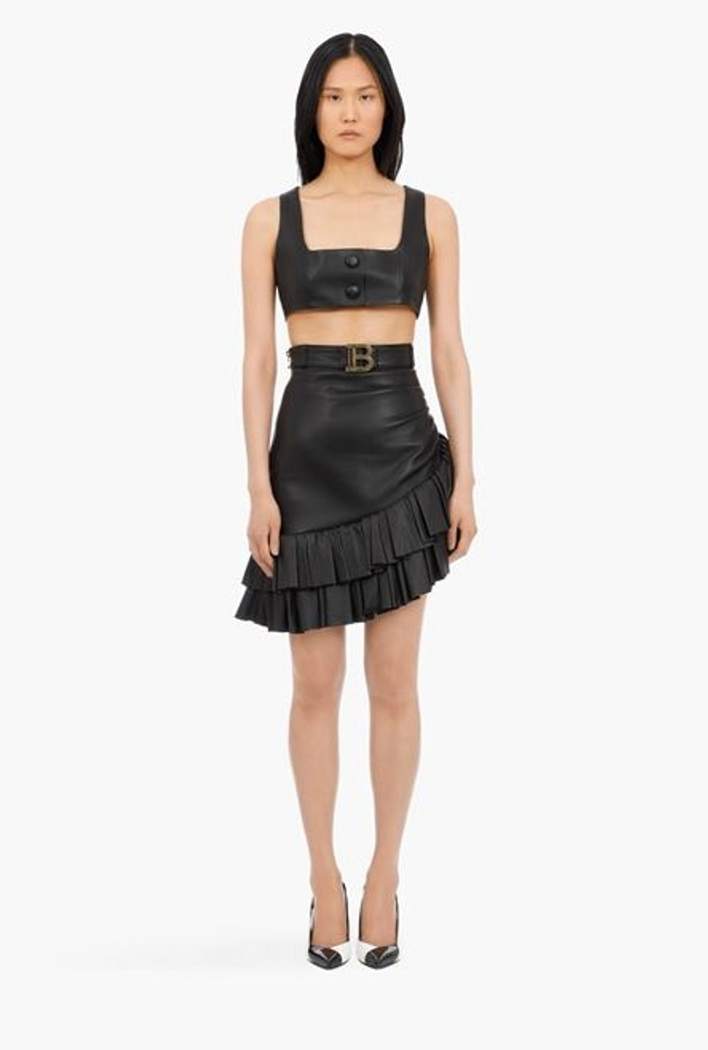 Short black leather asymmetrical high-waisted skirt 4