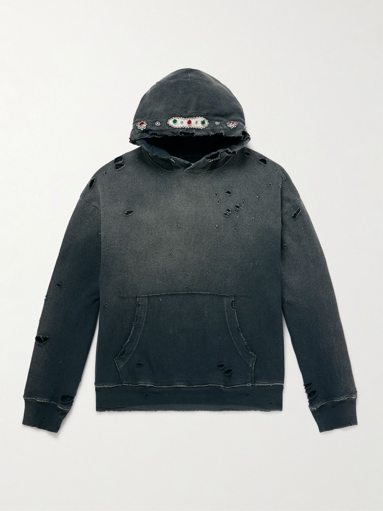 Embellished Suede-Trimmed Distressed Cotton-Jersey Hoodie Gray - 1