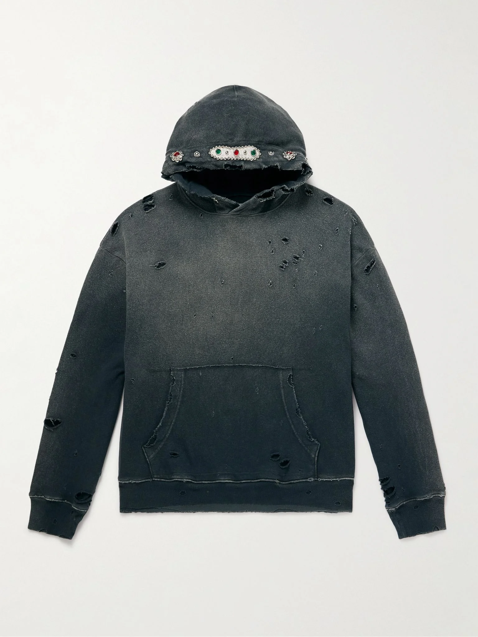 Embellished Suede-Trimmed Distressed Cotton-Jersey Hoodie Gray - 1