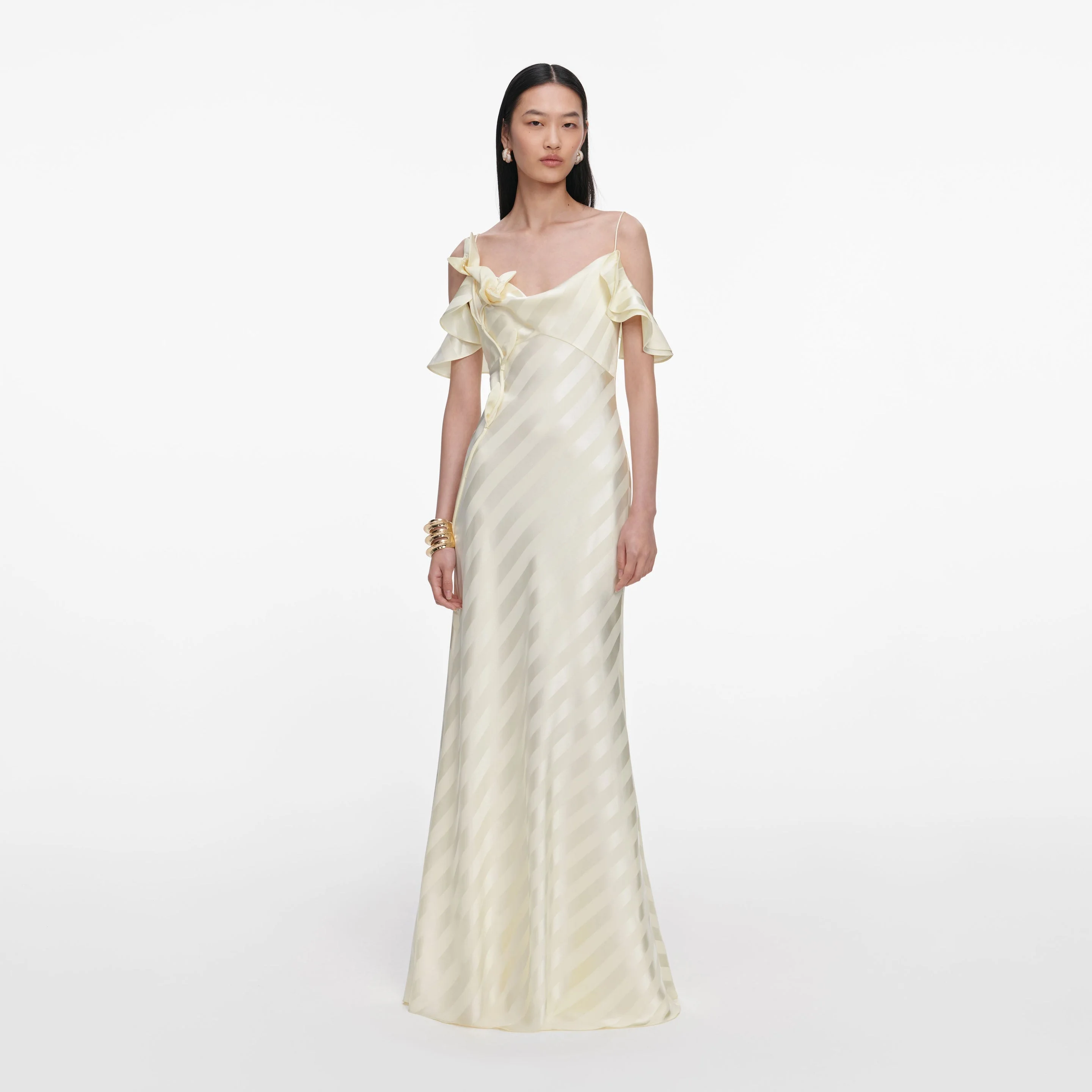 Yellow Satin Striped Maxi Dress - 1