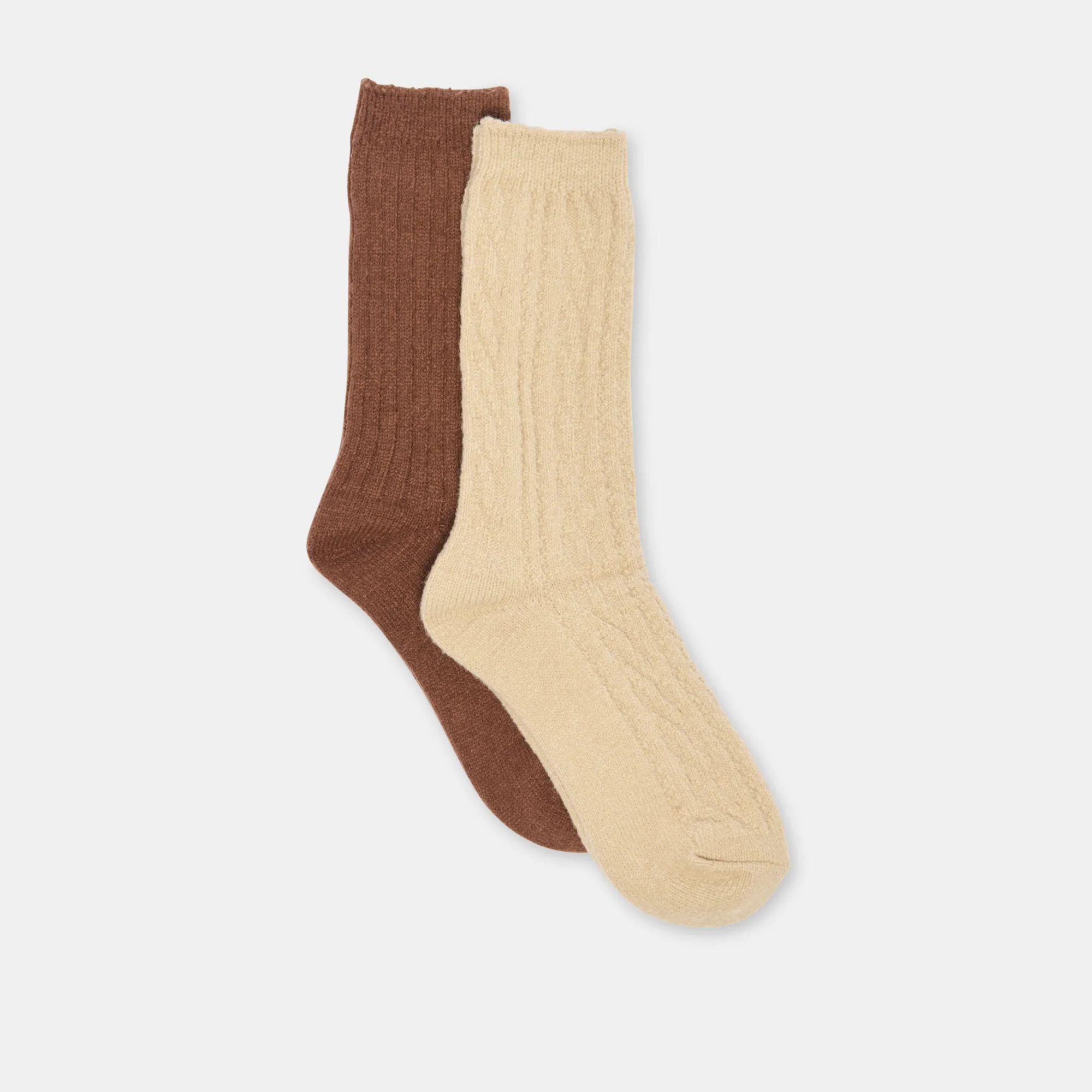 2 PACK CABLE TEXTURE CREW SOCKS BROWN MULTI - 1