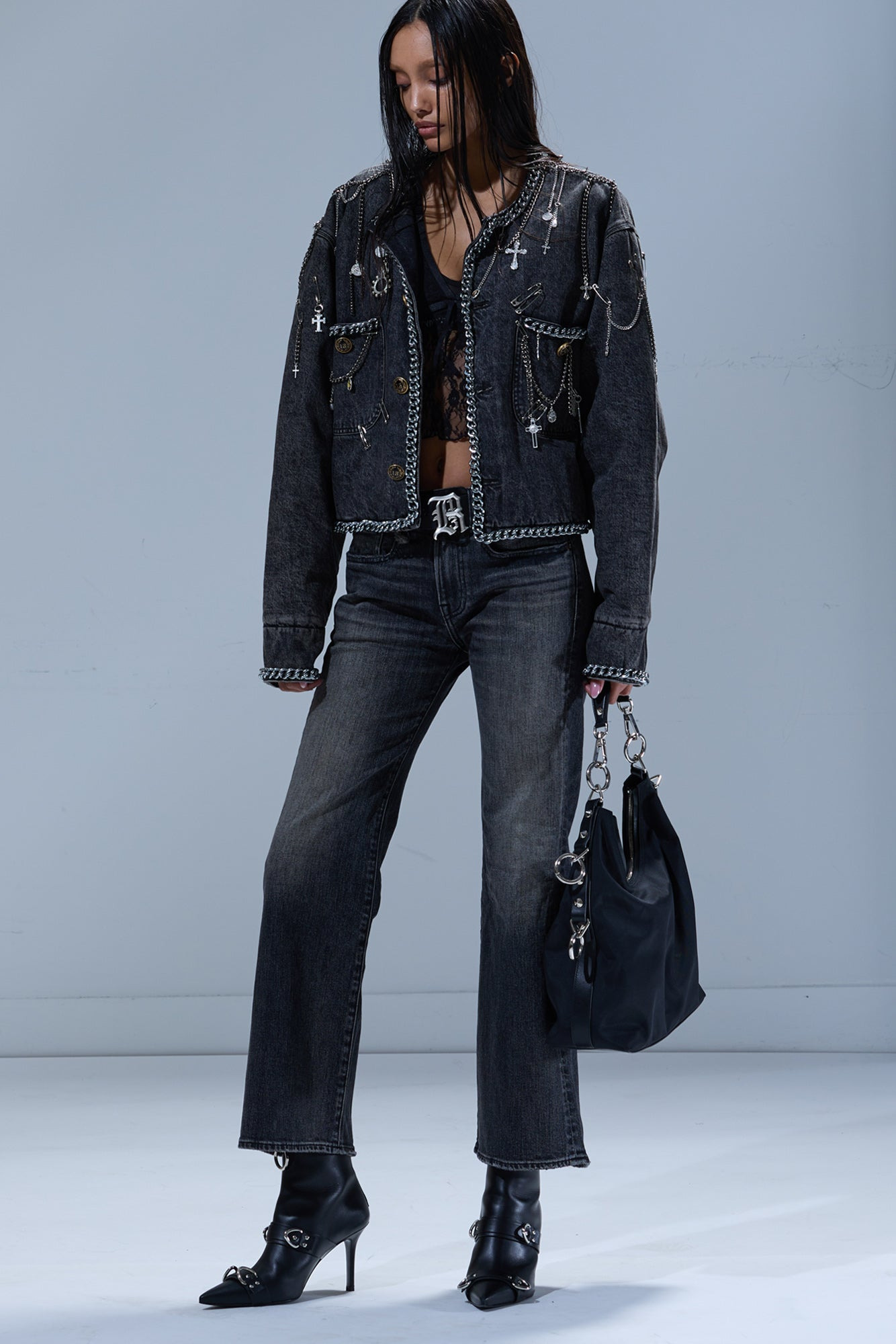 CHAIN EMBELLISHED CROPPED CHORE JACKET - 4