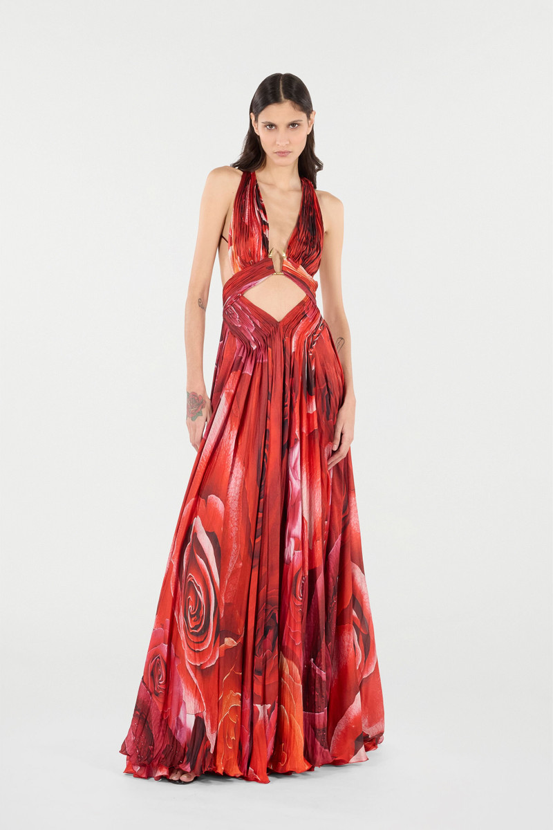 Roberto Cavalli Long Dress With Rose Print And Cut-Out outlook