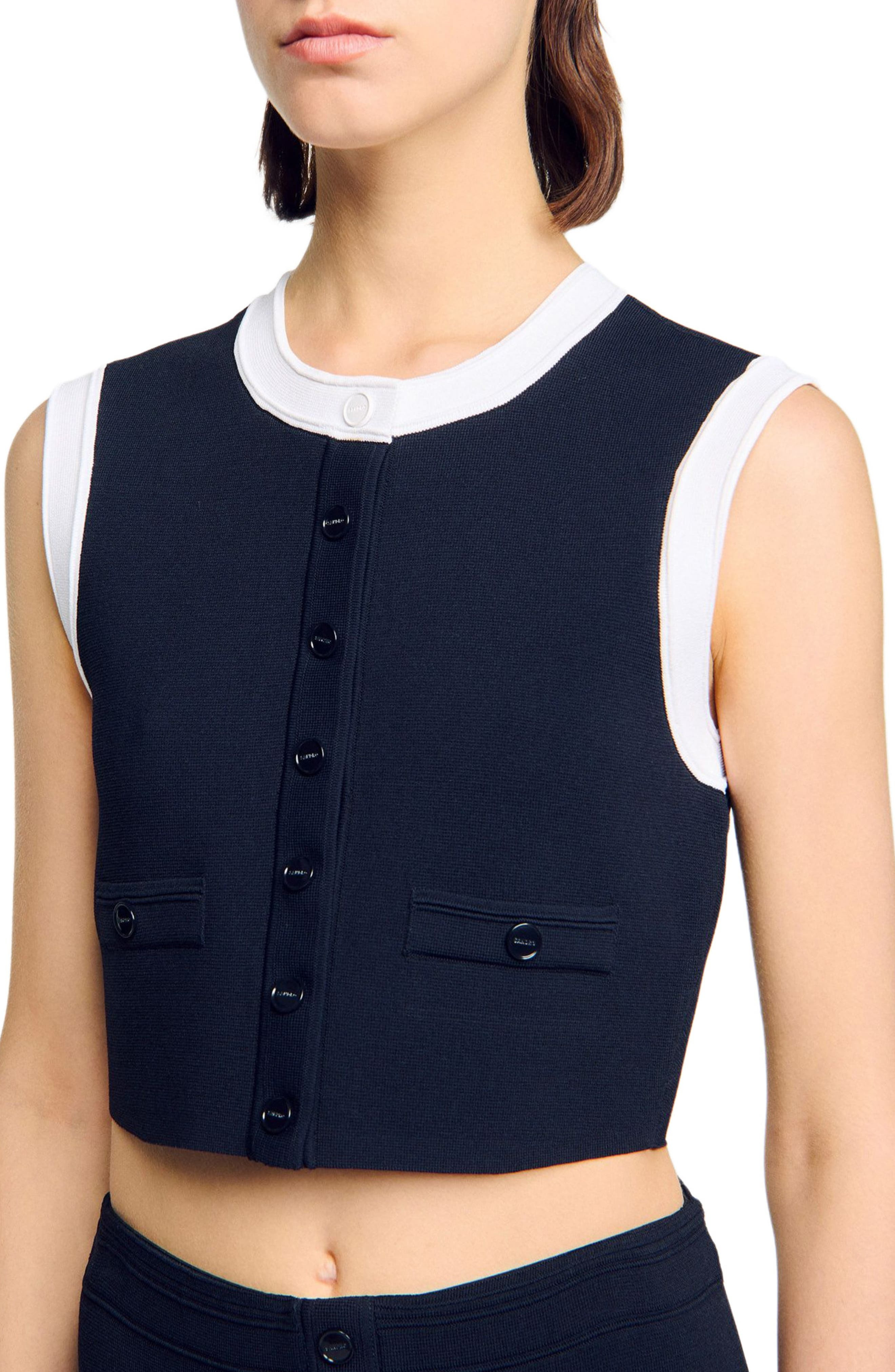 SANDRO Two-tone cropped cardigan in Navy Blue at Nordstrom - 5