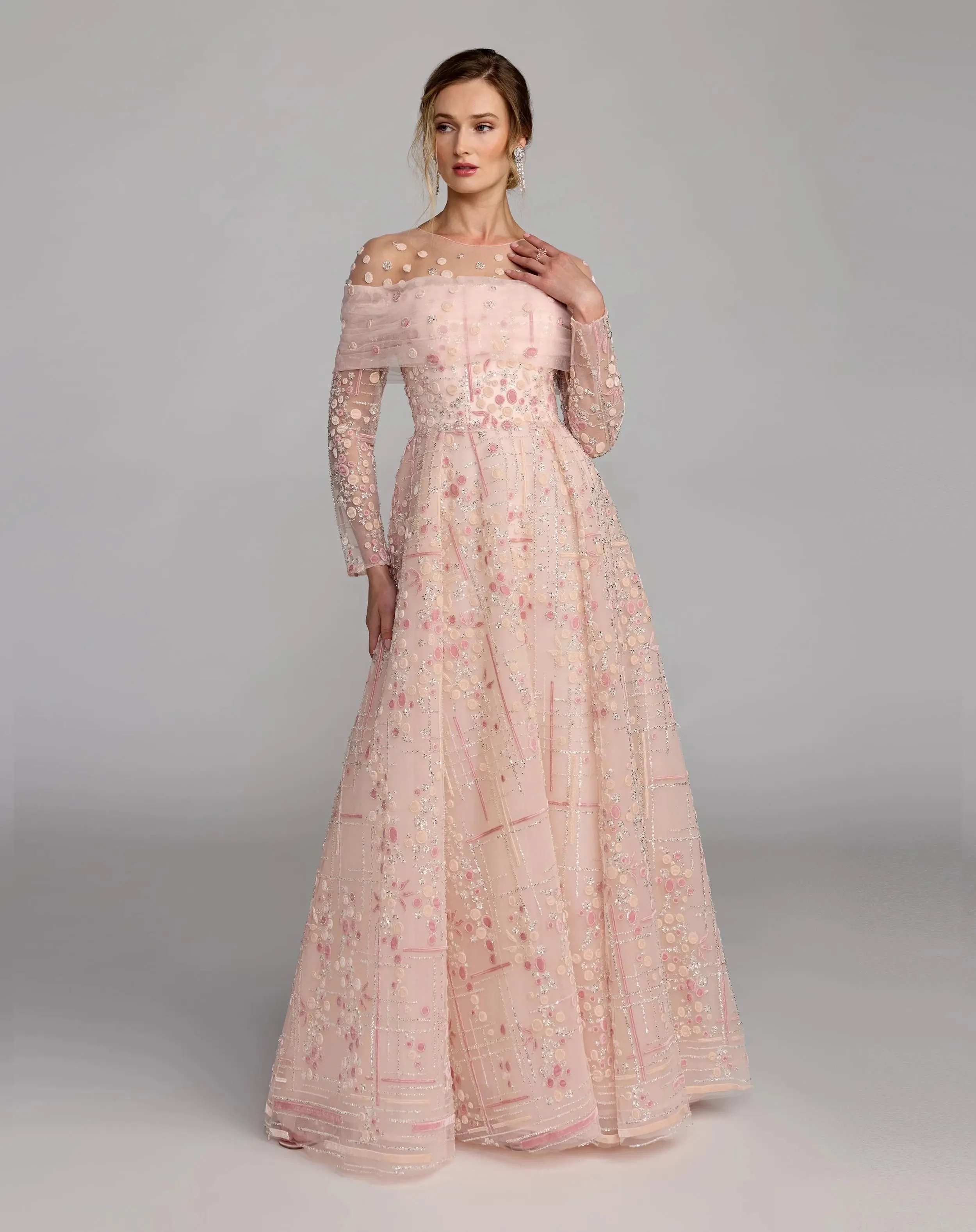 Rose Off The Shoulder Embellished Long Sleeve Ball Gown - 1