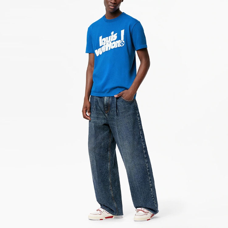 Men's LOUIS VUITTON FW21 Round Neck Logo Alphabet Printing Classic Short Sleeve Blue 1A971C - 2
