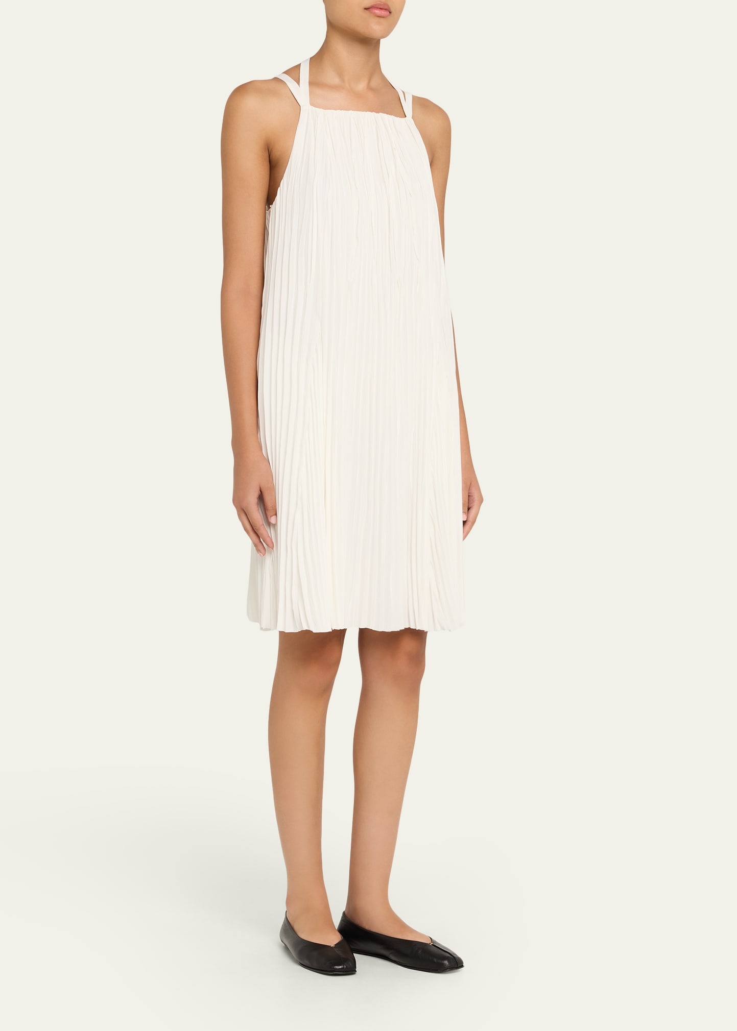 Pleated A-Line Halter Dress with Pockets - 4