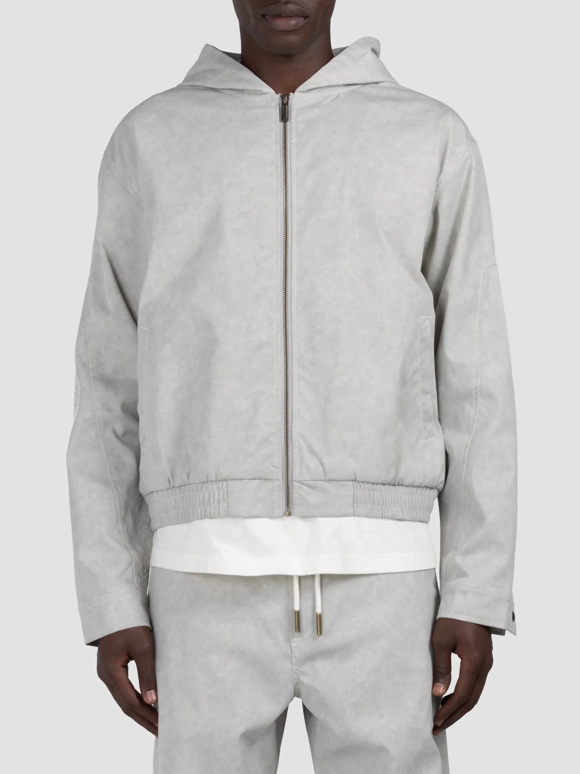 Men's Embroidered Twill Hooded Jacket - Stone - 1