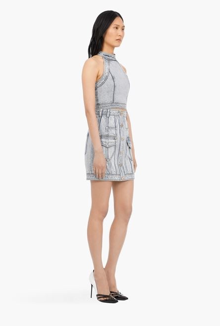Short blue denim high-waisted skirt - 7
