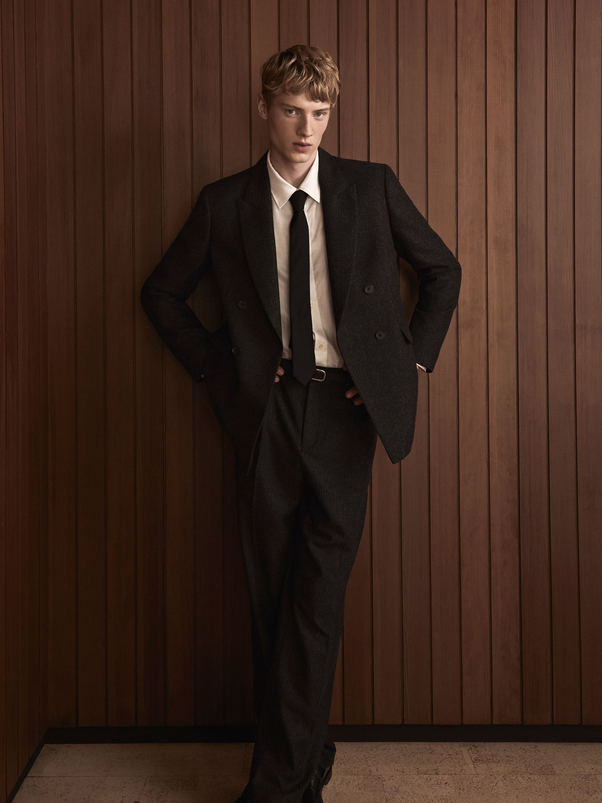 Pinstripe Wide Leg Trousers in Dark Grey - 5