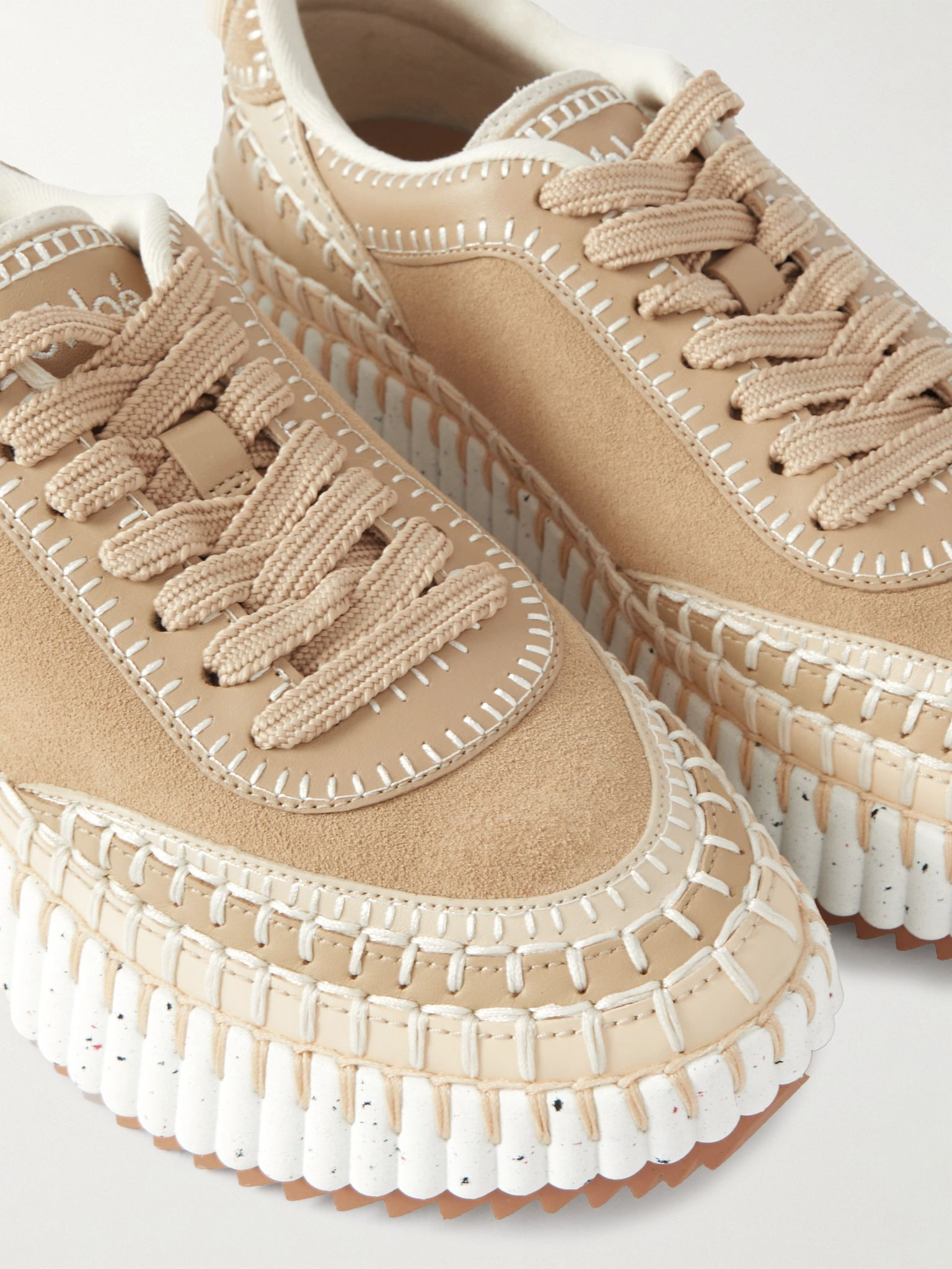 Nama embroidered suede and recycled-mesh sneakers Beige - 4