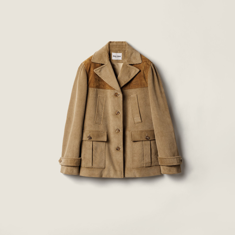 Single-breasted corduroy and leather jacket 1