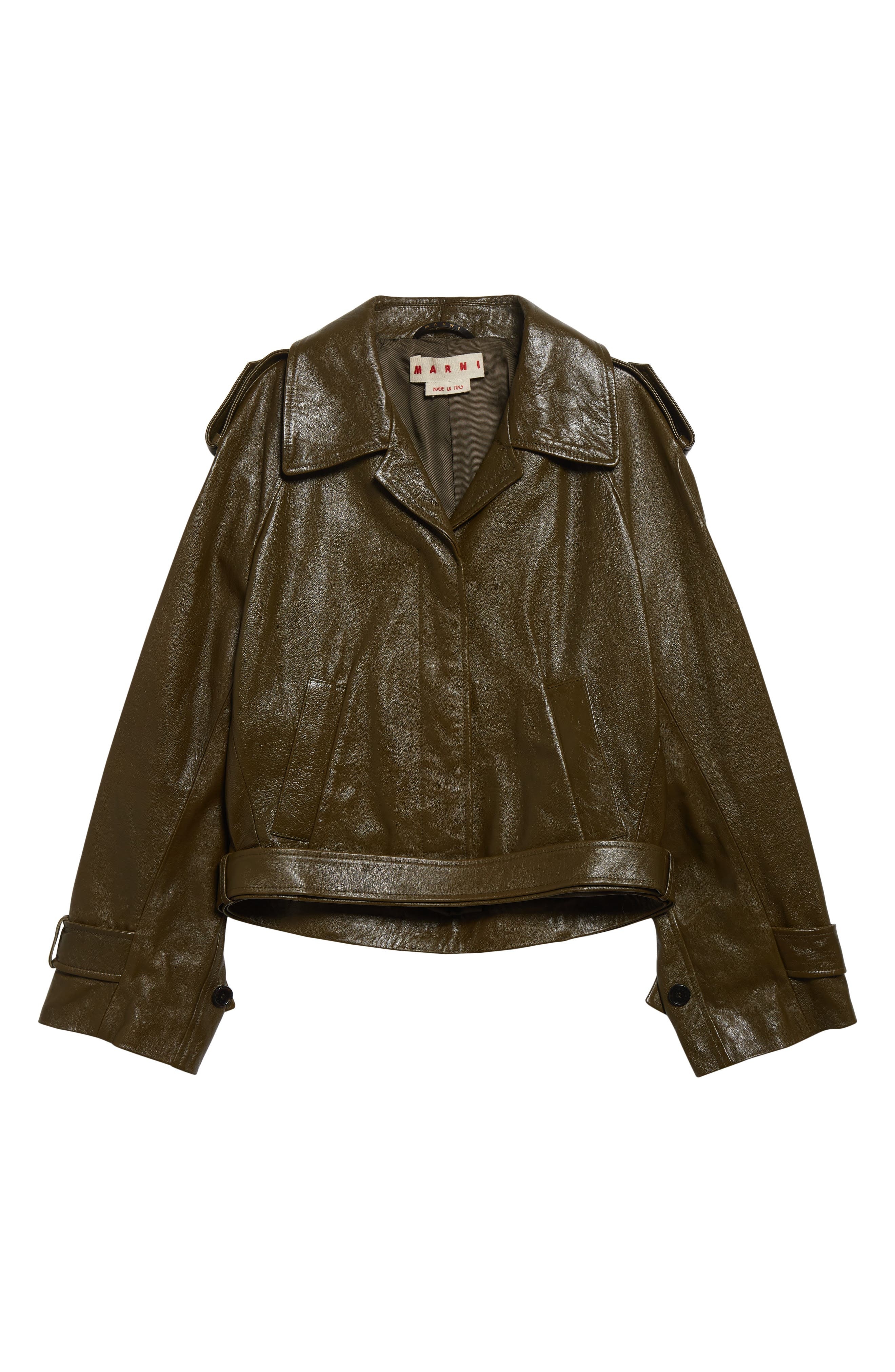 Marni Leather Crop Trench Coat in 00V58 Deep Sage at Nordstrom - 7