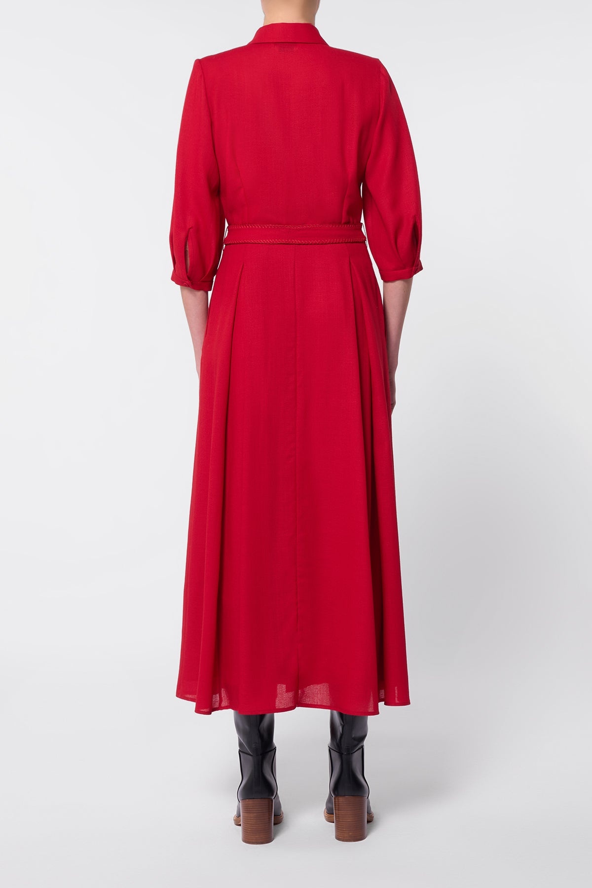 Andy Pleated Shirtdress in Scarlet Red Virgin Wool Gauze - 3