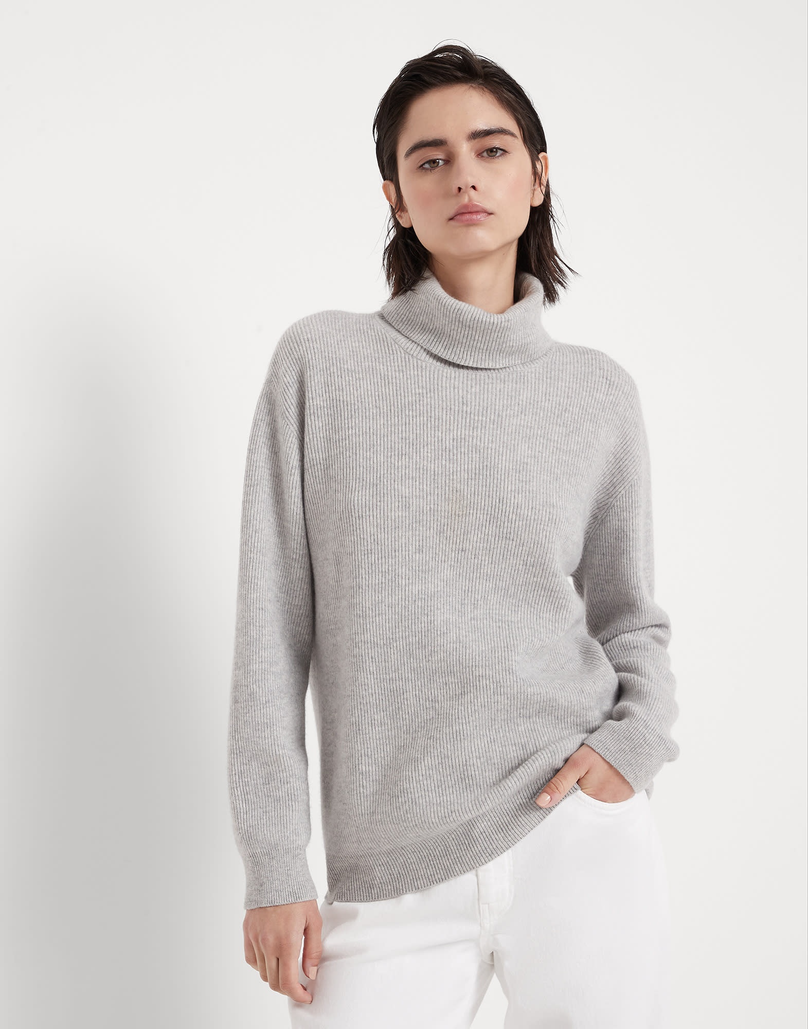 Cashmere English rib turtleneck sweater with monili - 1