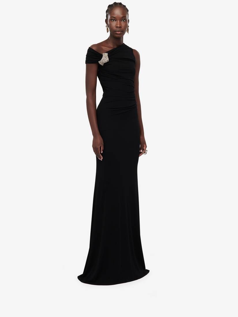 Women's Asymmetric Crystal Knot Evening Dress in Black - 3