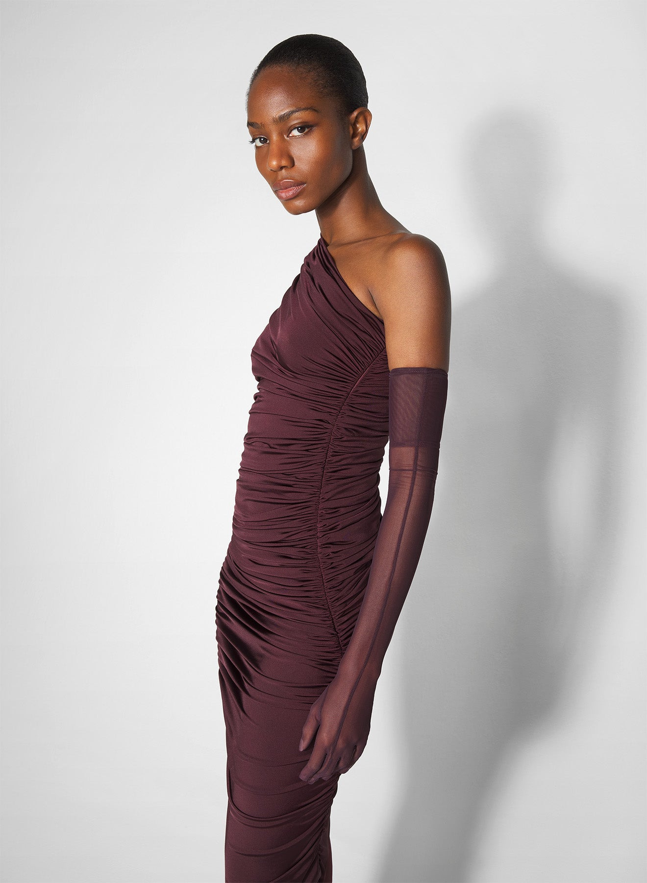burgundy one-shoulder marabou dress - 2