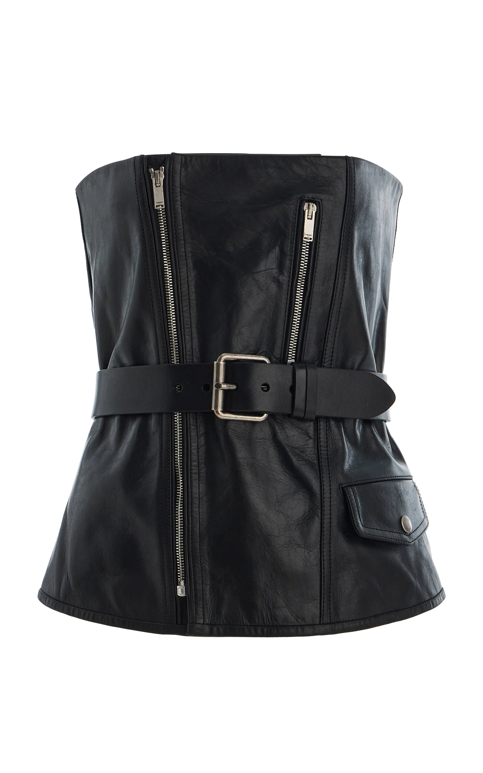 Strapless Belted Leather Biker Bustier Top black - 1