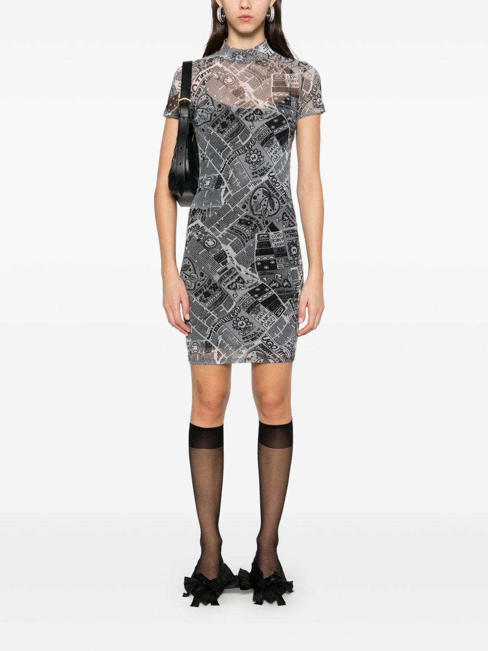 newspaper-print mesh mini dress - 2