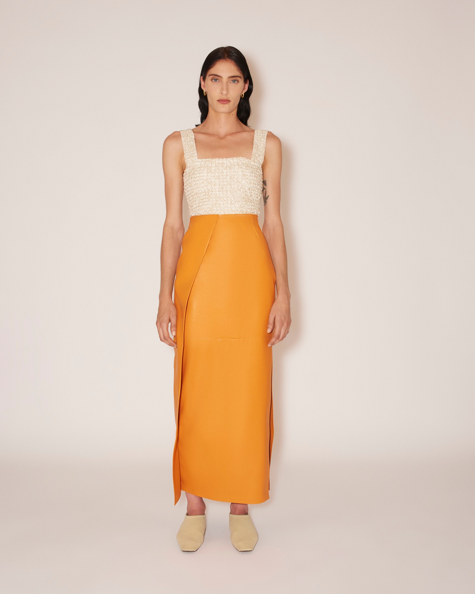 NEVE - Vegan leather waterfall trim pencil skirt - Orange - 2