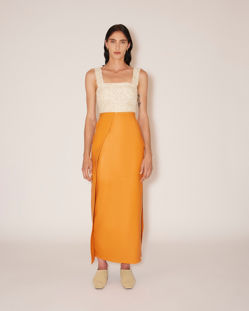 Nanushka NEVE - Vegan leather waterfall trim pencil skirt - Orange outlook