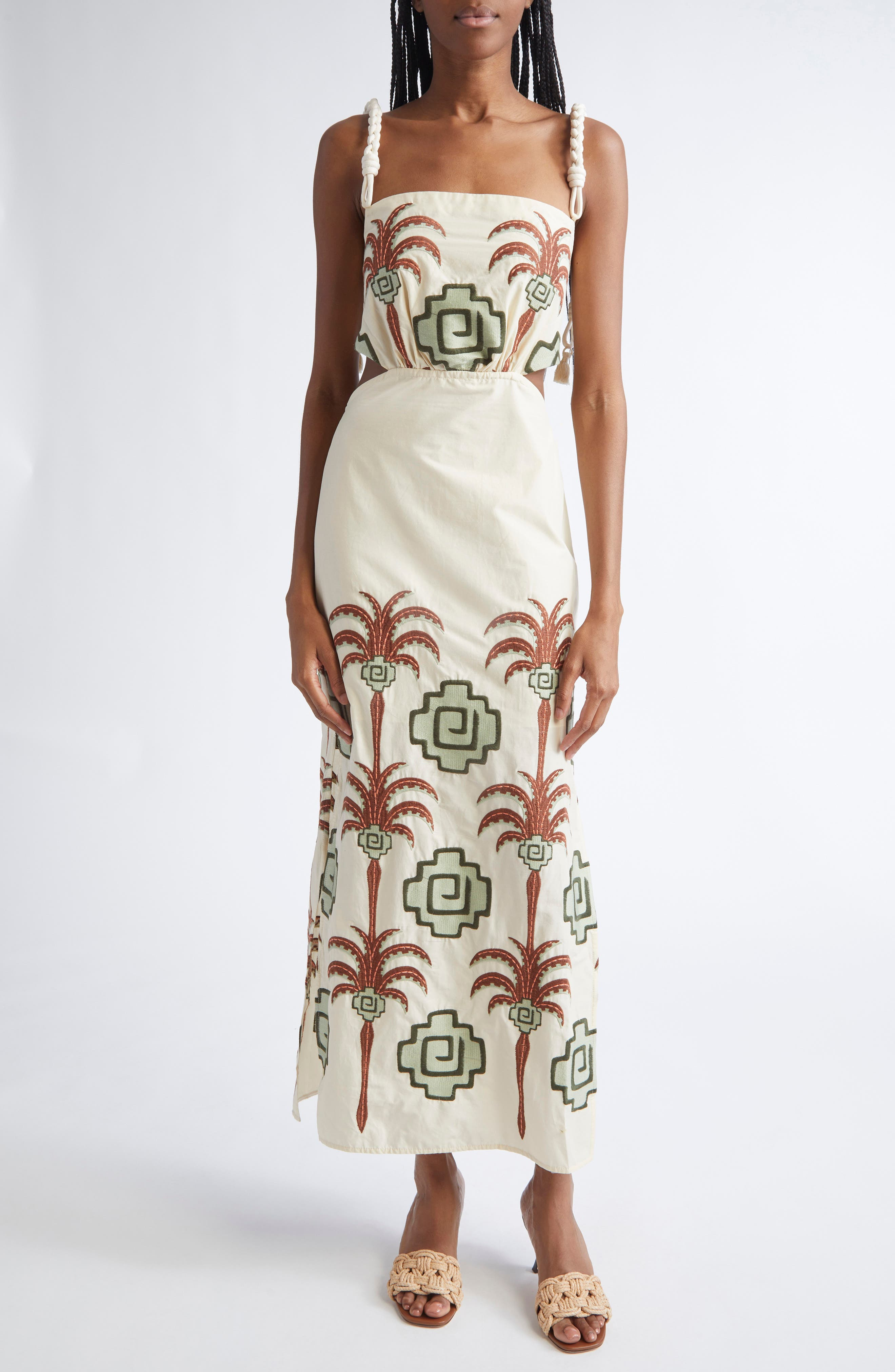 Johanna Ortiz Tributaries Embroidered Cotton Blend Dress in Ecru /Chocolate/Camel at Nordstrom - 1
