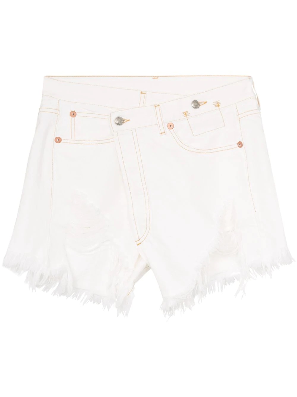 crossover-fastening distressed denim shorts - 1