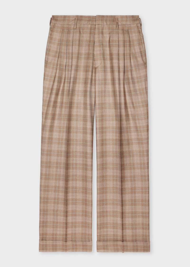Light Brown Wool-Silk Check Wide-Leg Trousers 1